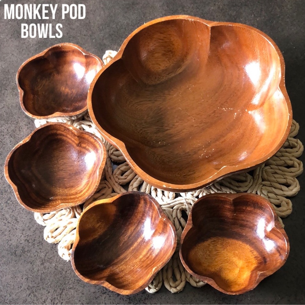 Monkey Pod Wooden Bowl Set-Large Bowl with 4 Smaller Bowls-GUC-Vintage